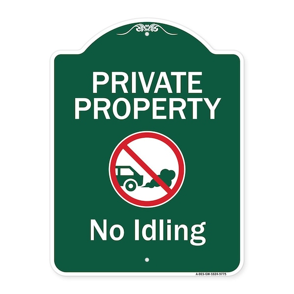 Private Property No Idling With Graphic Heavy-Gauge Aluminum Architectural Sign, 24" H, GW-1824-9775
